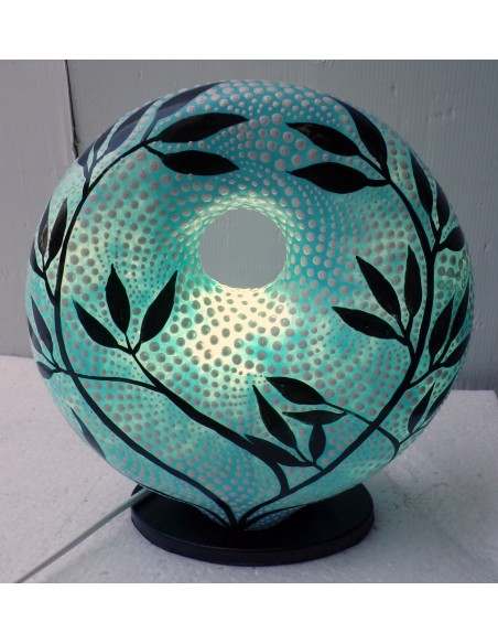 Lampada da tavolo abatjour in resina a ciambella dipinta tecnica maori fiori foglia cm 22x8x27h celeste