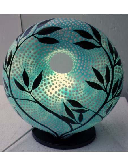 Lampada da tavolo abatjour in resina a ciambella dipinta tecnica maori fiori foglia cm 22x8x27h celeste