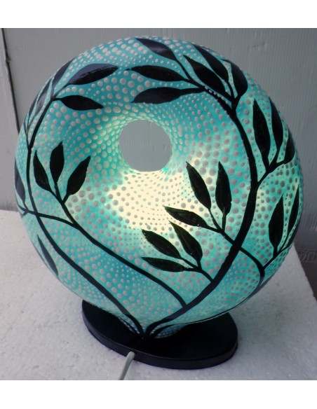 Lampada da tavolo abatjour in resina a ciambella dipinta tecnica maori fiori foglia cm 22x8x27h celeste
