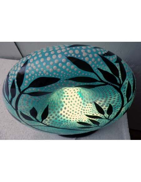 Lampada da tavolo abatjour in resina a ciambella dipinta tecnica maori fiori foglia cm 22x8x27h celeste