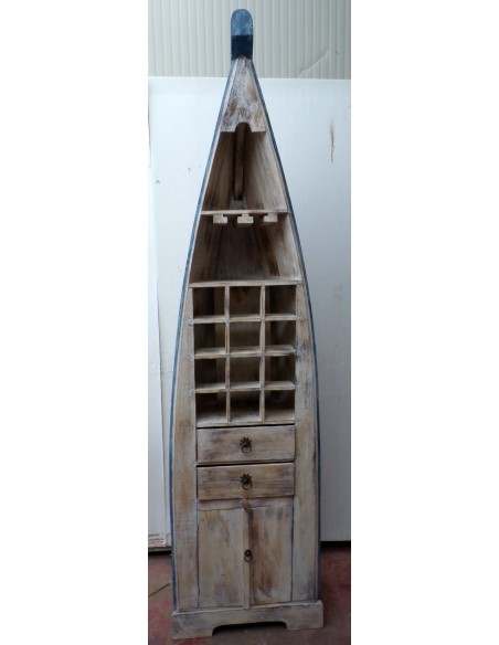 Libreria a forma di barca con ante, cassetti e porta bottiglie e bicchieri cm 205 h in albesia color bianco decapato