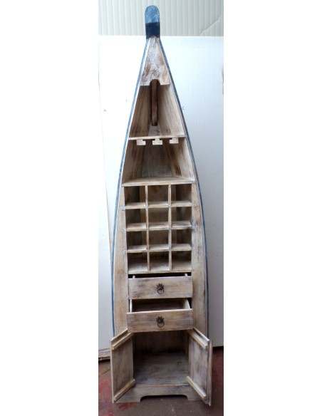 Libreria a forma di barca con ante, cassetti e porta bottiglie e bicchieri cm 205 h in albesia color bianco decapato