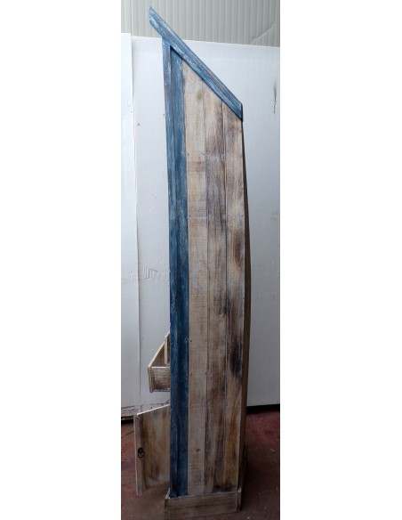 Libreria a forma di barca con ante, cassetti e porta bottiglie e bicchieri cm 205 h in albesia color bianco decapato