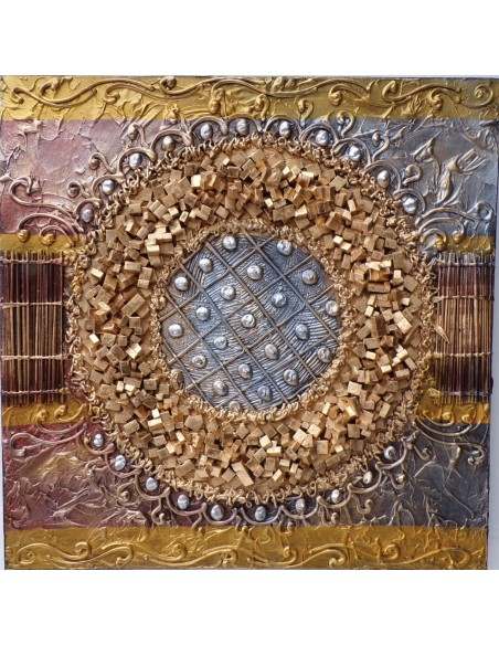 Quadro astratto texture cm 50x50 oro dipinto a mano tela cotone telaio legno D