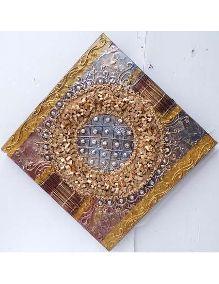 Quadro astratto texture cm 50x50 oro dipinto a mano tela cotone telaio legno D