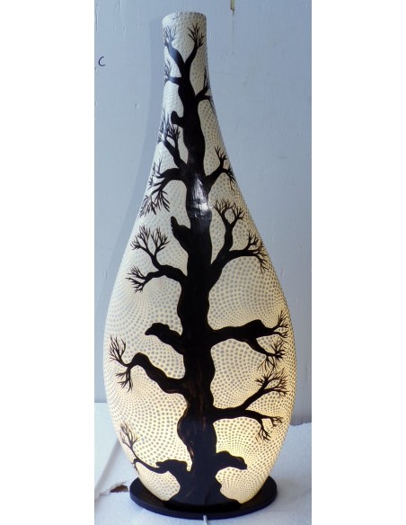 Lampada da tavolo in resina a bottiglia bianca con albero della vita tecnica maori cm 30x7x76h