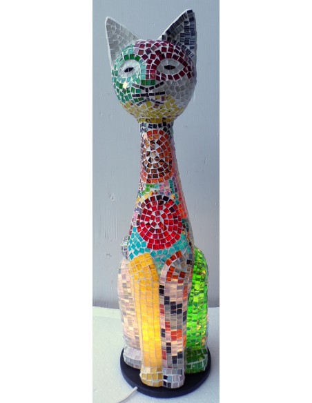 Lampada abatjour gatto cm 60 in resina e mosaico multicolor gattino da tavolo