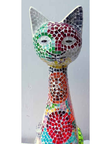 Lampada abatjour gatto cm 60 in resina e mosaico multicolor gattino da tavolo