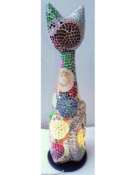 Lampada abatjour gatto cm 60 in resina e mosaico multicolor gattino da tavolo