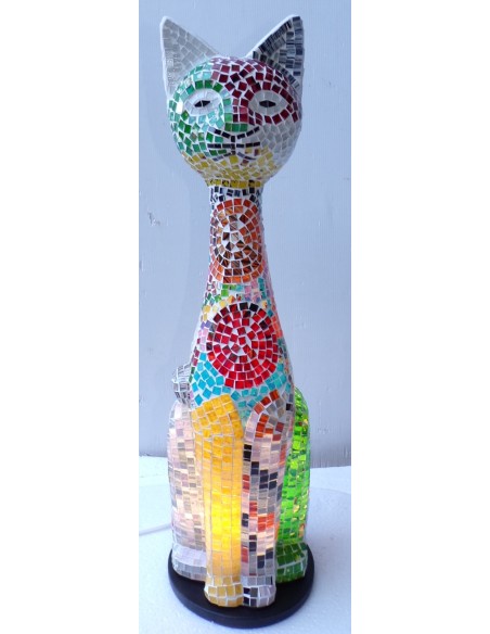 Lampada abatjour gatto cm 60 in resina e mosaico multicolor gattino da tavolo