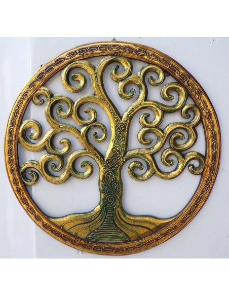 Pannello albero della vita legno mdf traforato a mano diametro cm 40 oro verde