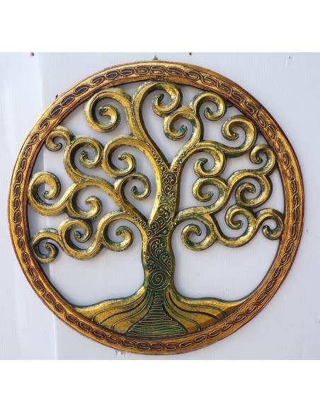 Pannello albero della vita legno mdf traforato a mano diametro cm 40 oro verde