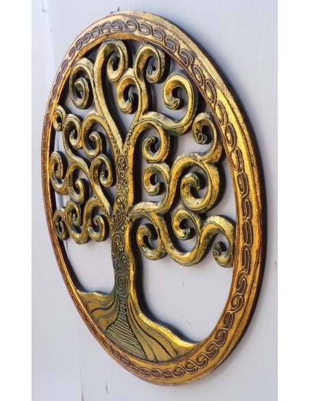 Pannello albero della vita legno mdf traforato a mano diametro cm 40 oro verde
