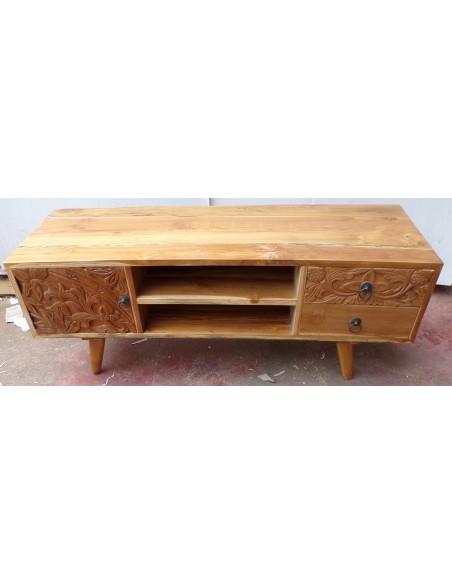 Mobile porta Tv in legno di teak color naturale con cassetti e anta intarsiate cm 117x40x48
