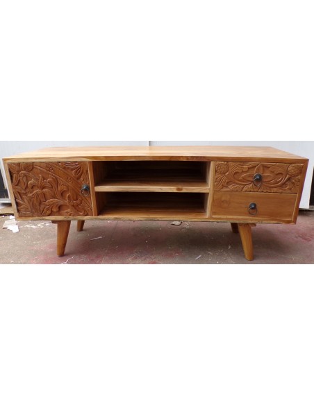 Mobile porta Tv in legno di teak color naturale con cassetti e anta intarsiate cm 117x40x48