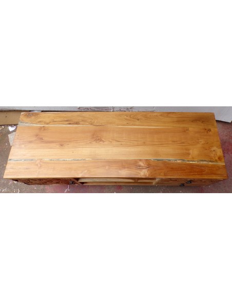 Mobile porta Tv in legno di teak color naturale con cassetti e anta intarsiate cm 117x40x48