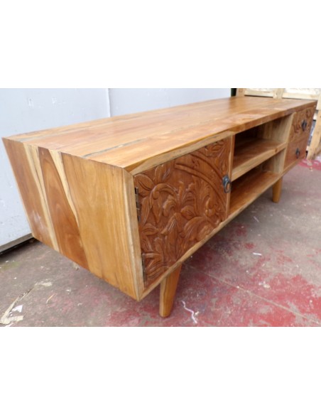 Mobile porta Tv in legno di teak color naturale con cassetti e anta intarsiate cm 117x40x48