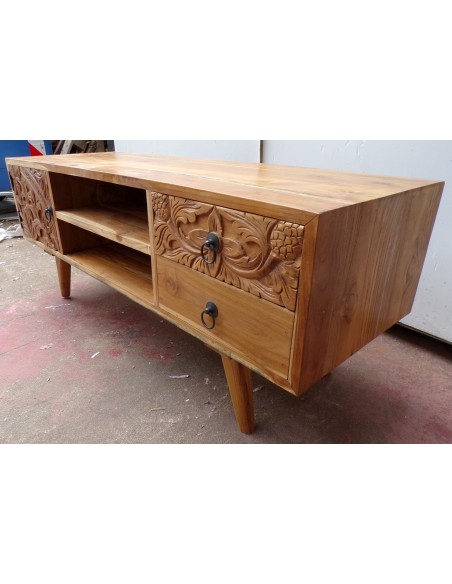 Mobile porta Tv in legno di teak color naturale con cassetti e anta intarsiate cm 117x40x48