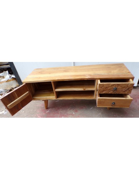 Mobile porta Tv in legno di teak color naturale con cassetti e anta intarsiate cm 117x40x48