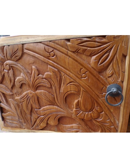 Mobile porta Tv in legno di teak color naturale con cassetti e anta intarsiate cm 117x40x48