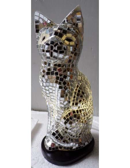 Lampada abatjour gatto cm 30 in resina e mosaico argento gattino da tavolo