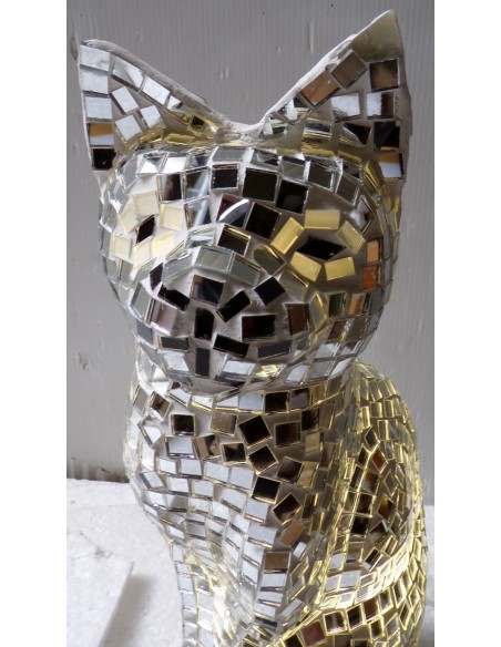 Lampada abatjour gatto cm 30 in resina e mosaico argento gattino da tavolo
