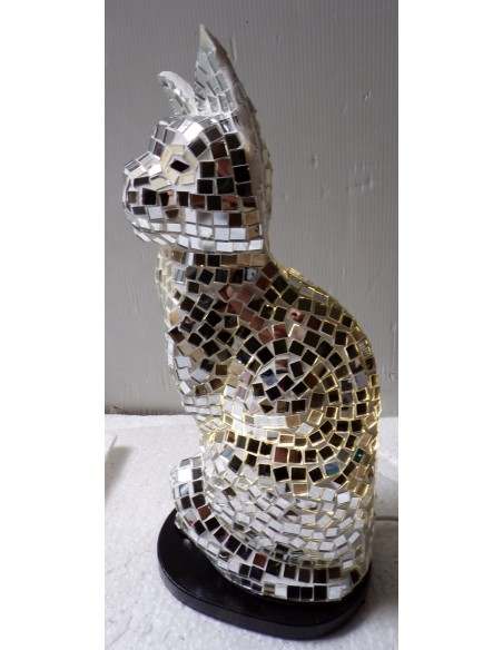 Lampada abatjour gatto cm 30 in resina e mosaico argento gattino da tavolo