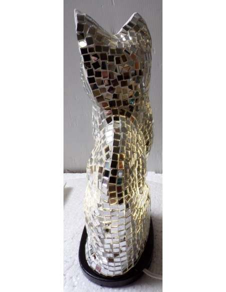 Lampada abatjour gatto cm 30 in resina e mosaico argento gattino da tavolo