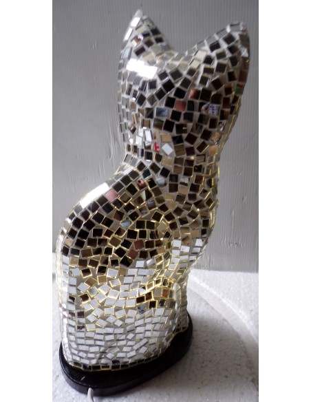 Lampada abatjour gatto cm 30 in resina e mosaico argento gattino da tavolo
