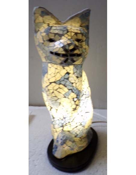 Lampada abatjour gatto cm 30 in resina e mosaico blu e bianco gattino da tavolo