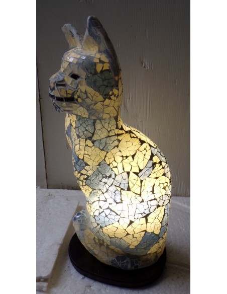 Lampada abatjour gatto cm 30 in resina e mosaico blu e bianco gattino da tavolo