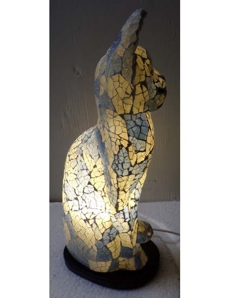 Lampada abatjour gatto cm 30 in resina e mosaico blu e bianco gattino da tavolo