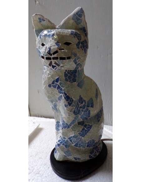 Lampada abatjour gatto cm 30 in resina e mosaico blu e bianco gattino da tavolo