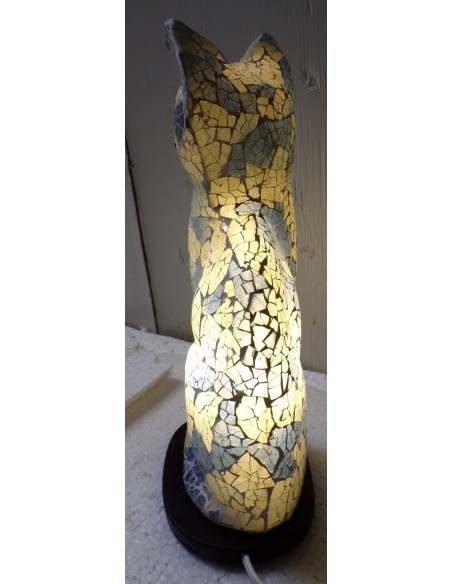 Lampada abatjour gatto cm 30 in resina e mosaico blu e bianco gattino da tavolo