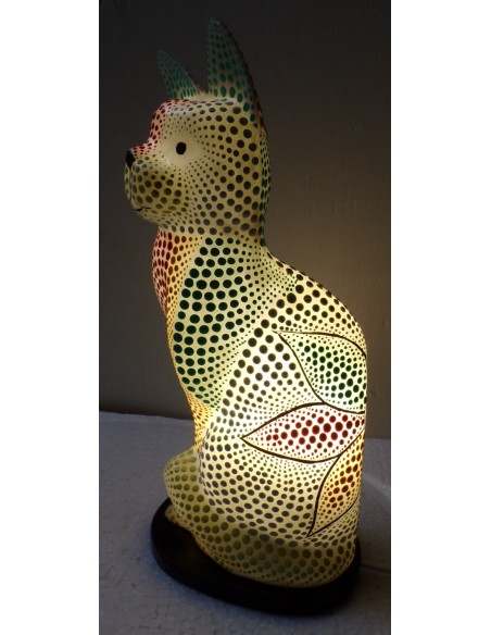 Lampada abatjour gatto cm 30 in resina dipinta con tecnica aborigena maori multicolor gattino