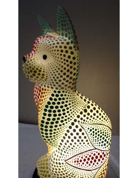Lampada abatjour gatto cm 30 in resina dipinta con tecnica aborigena maori multicolor gattino