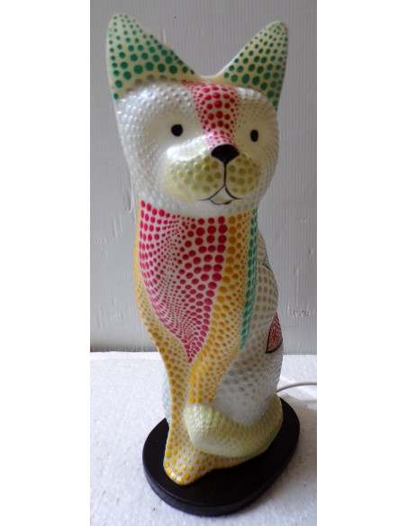 Lampada abatjour gatto cm 30 in resina dipinta con tecnica aborigena maori multicolor gattino