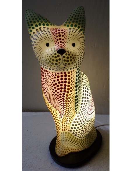 Lampada abatjour gatto cm 30 in resina dipinta con tecnica aborigena maori multicolor gattino
