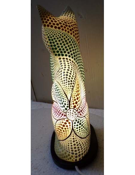 Lampada abatjour gatto cm 30 in resina dipinta con tecnica aborigena maori multicolor gattino