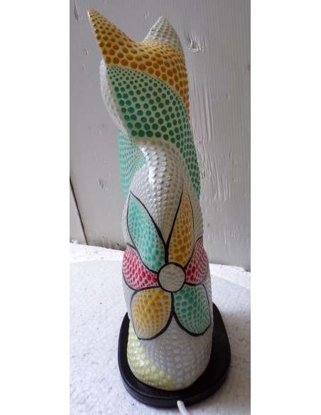 Lampada abatjour gatto cm 30 in resina dipinta con tecnica aborigena maori multicolor gattino