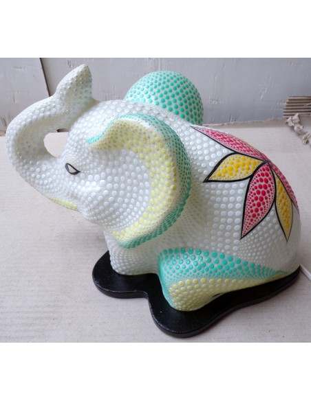 Lampada abatjour elefante cm 35 in resina dipinta celeste bianca con tecnica aborigena maori idea regalo
