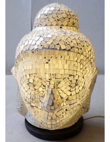 Lampada abatjour Testa di Buddha in resina e mosaico bianca idea regalo