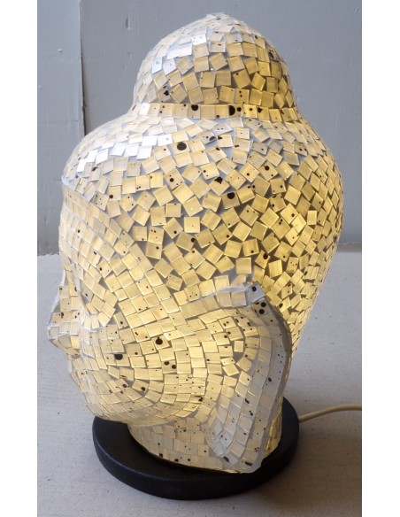 Lampada abatjour Testa di Buddha in resina e mosaico bianca idea regalo