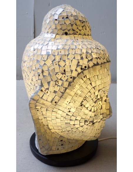 Lampada abatjour Testa di Buddha in resina e mosaico bianca idea regalo