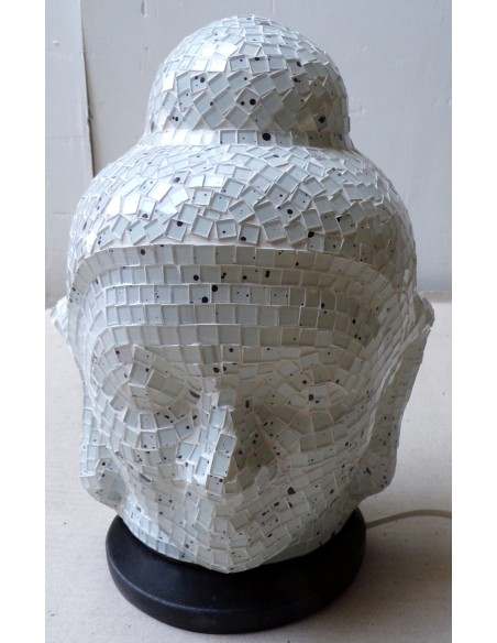 Lampada abatjour Testa di Buddha in resina e mosaico bianca idea regalo