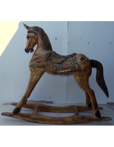 Cavallino a dondolo in legno cavallo creato dipinto a mano marrone crema102x27