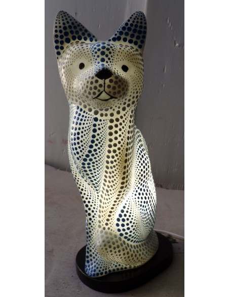 Lampada abatjour gatto cm 30 in resina dipinta con tecnica aborigena maori blu bianco gattino