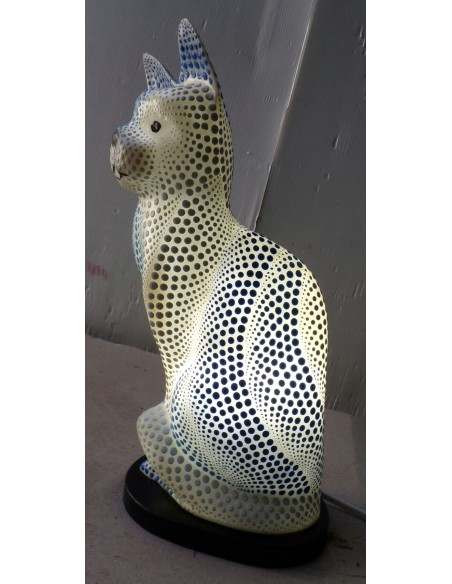 Lampada abatjour gatto cm 30 in resina dipinta con tecnica aborigena maori blu bianco gattino