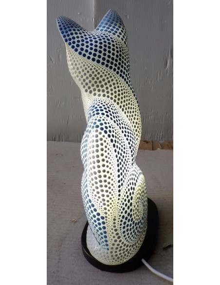 Lampada abatjour gatto cm 30 in resina dipinta con tecnica aborigena maori blu bianco gattino