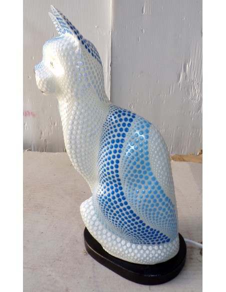 Lampada abatjour gatto cm 30 in resina dipinta con tecnica aborigena maori blu bianco gattino